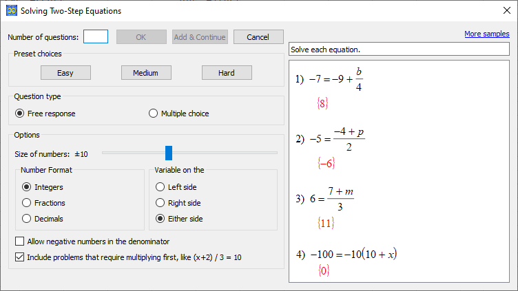 Solving Two-Step Equations Options
